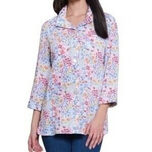 John Mark Womens XL Wire Collar Multi Color Small Floral Print Button‎ Front Top